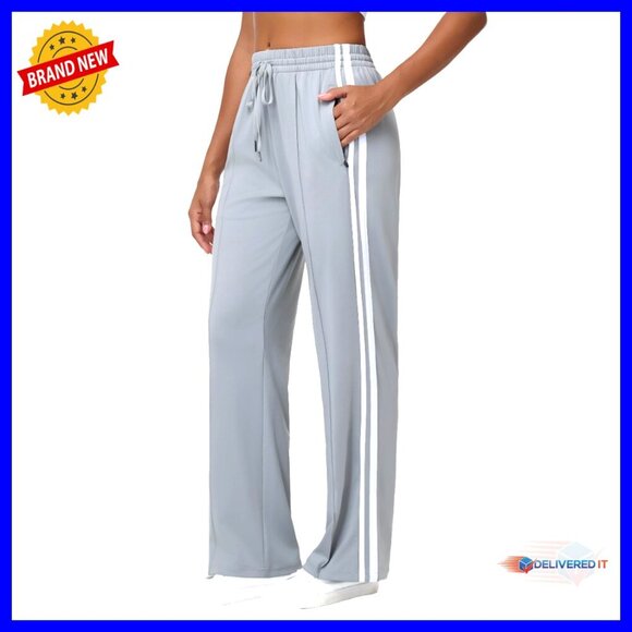 Pants - Loose Fit Athletic Track Pants with Zipper Pockets Drawstring Waist